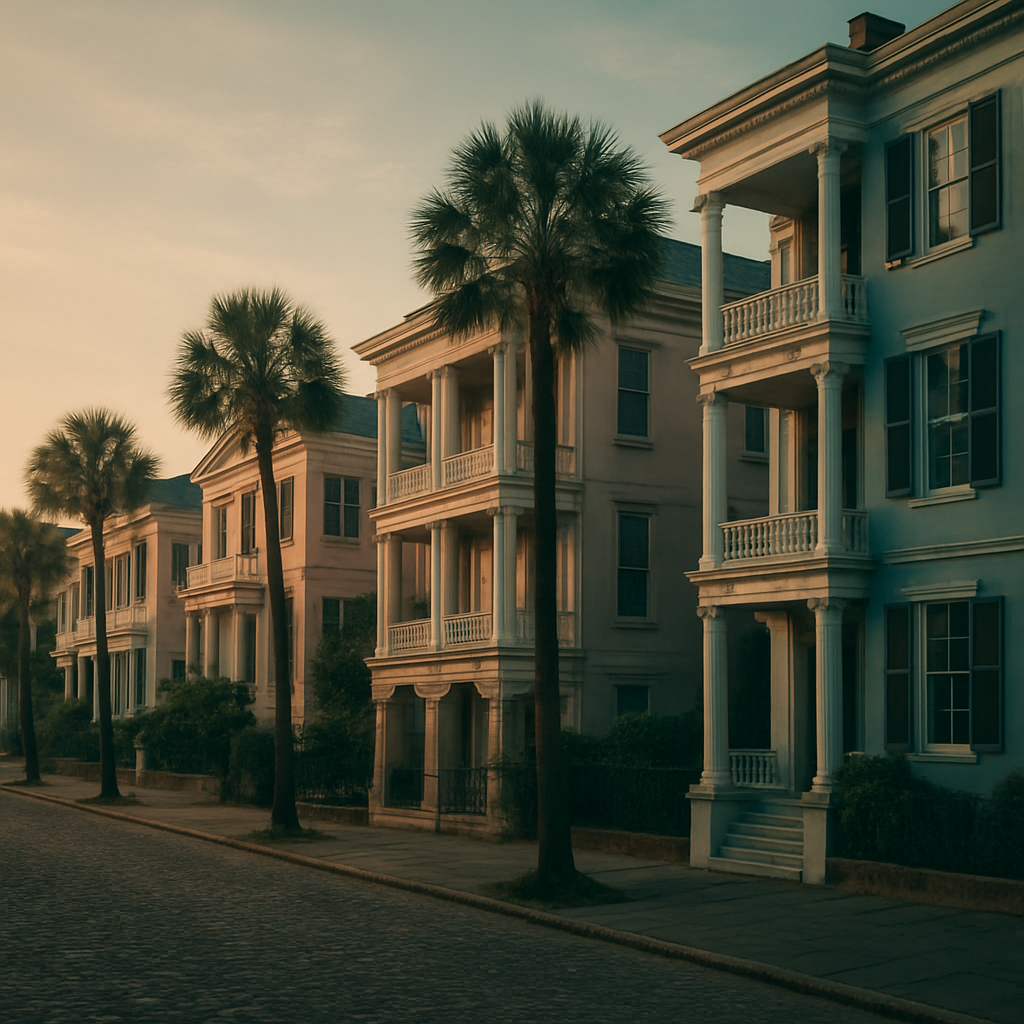 Historic Charleston street at golden hour lined with palmetto trees